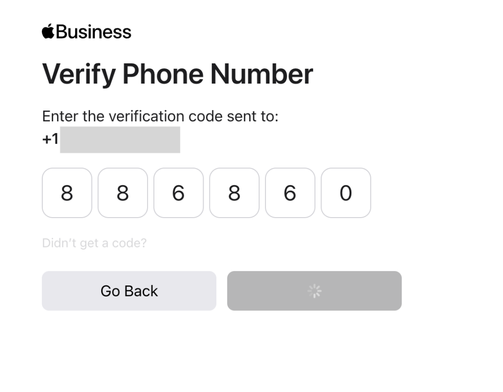 A standard verification screen which verified my phone number by prompting me for a six digit code sent to my phone via SMS.