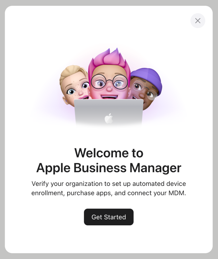A welcome screen from Apple with friendly memoji faces and an Apple laptop with a button to Get Started.
