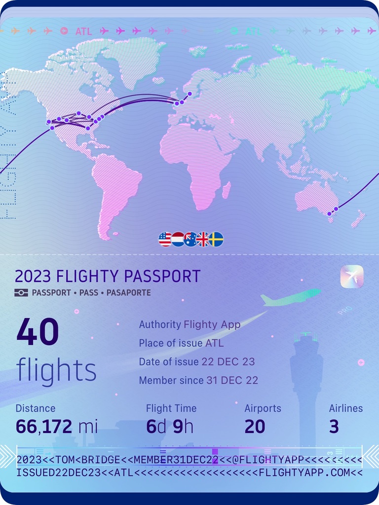 A mocked up passport image from the Flighty App showing a lot of flights to a lot of places.